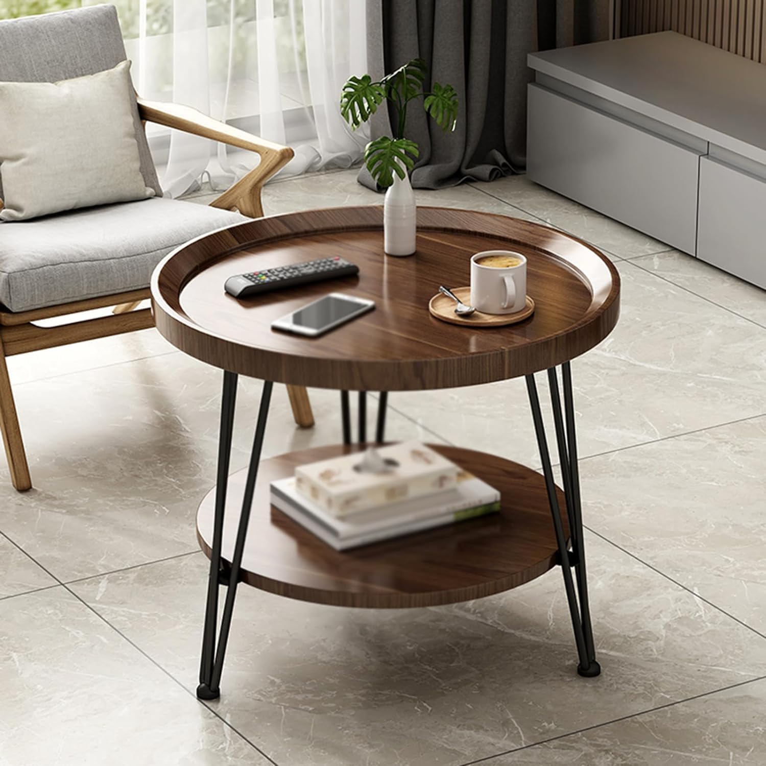 Aimery Office End Table 2 Tier Simple Coffee Table, Round End Table with Shelf and Metal Legs, Sofa Side Table for Flower Shop Balcony Bedroom (Size : 60 * 60CM)