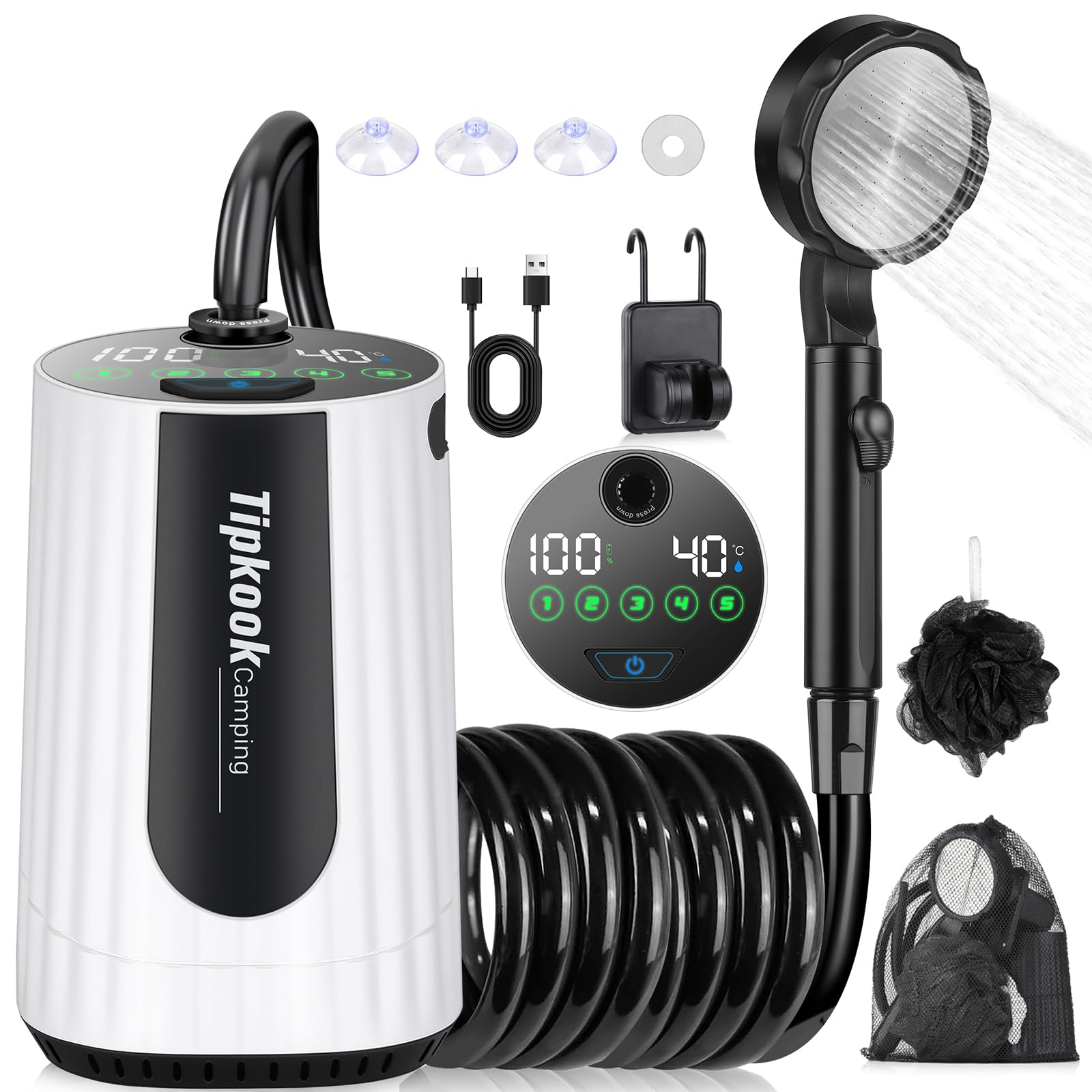 Tipkook Campingdusche mit Pumpe, Campingdusche Tragbare wiederaufladbarem 10000mAh, intelligenter Digitalanzeige, Camping Dusche mit Duschkopf und Schlauch, für Garten Reisen Haustierwäsch Autowäsche