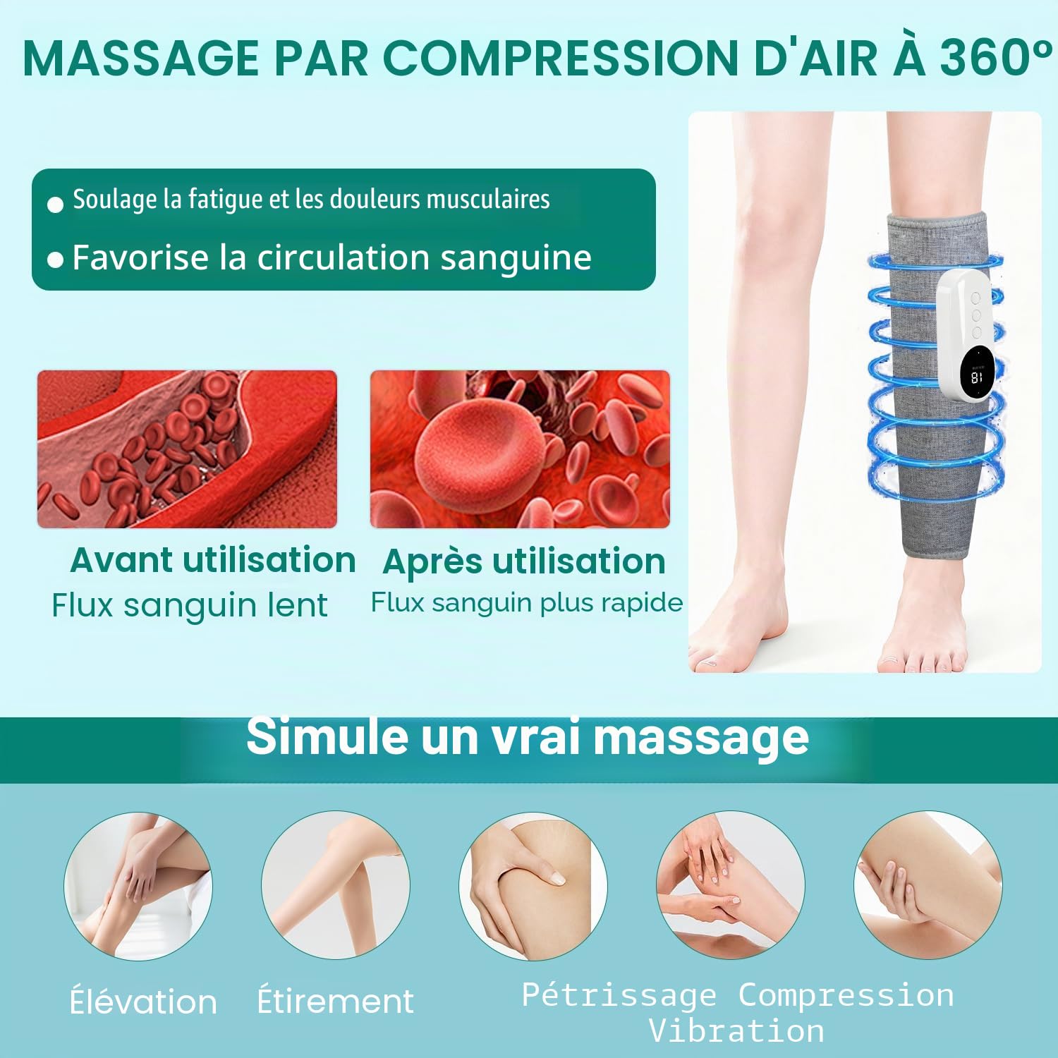 Masseur Jambes Sans Fil avec Chaleur et Compression Masseur de Mollets avec 3 Modes 3 Intensités Appareil de Massage pour Circulation Sanguine Drainage Lymphatique Relaxation Musculaire (1 Pièce)