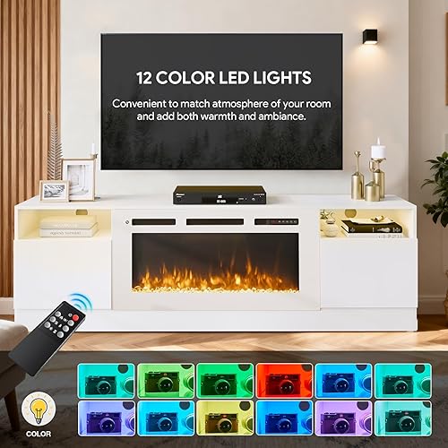 Miniatura 3 de Soporte de TV de 70 pulgadas con chimenea eléctrica de 36 pulgadas, gran centro de entretenimiento moderno con armario de almacenamiento y luces LED