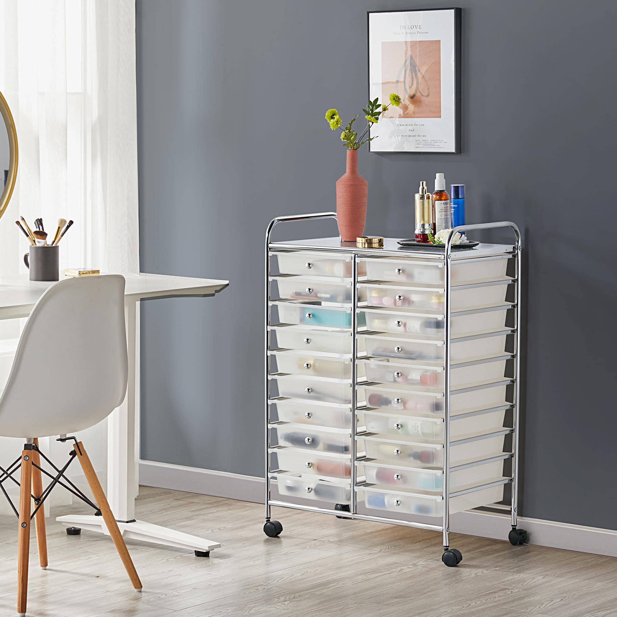Yaheetech Carrello Portaoggetti con 20 Cassetti Cassettiera Torre di Stoccaggio in PP e Ferro per Ufficio/Sala da Pranzo/Cucina/Dispensa/Soggiorno Bianco