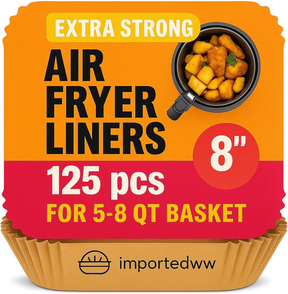 Air Fryer Liners 125 Pcs – 8” Square Disposable Paper for 5–8 QT Basket – Non-Stick, Oil-Proof, Food-Grade Parchment – Fits Ninja, Gourmia, Vortex, More