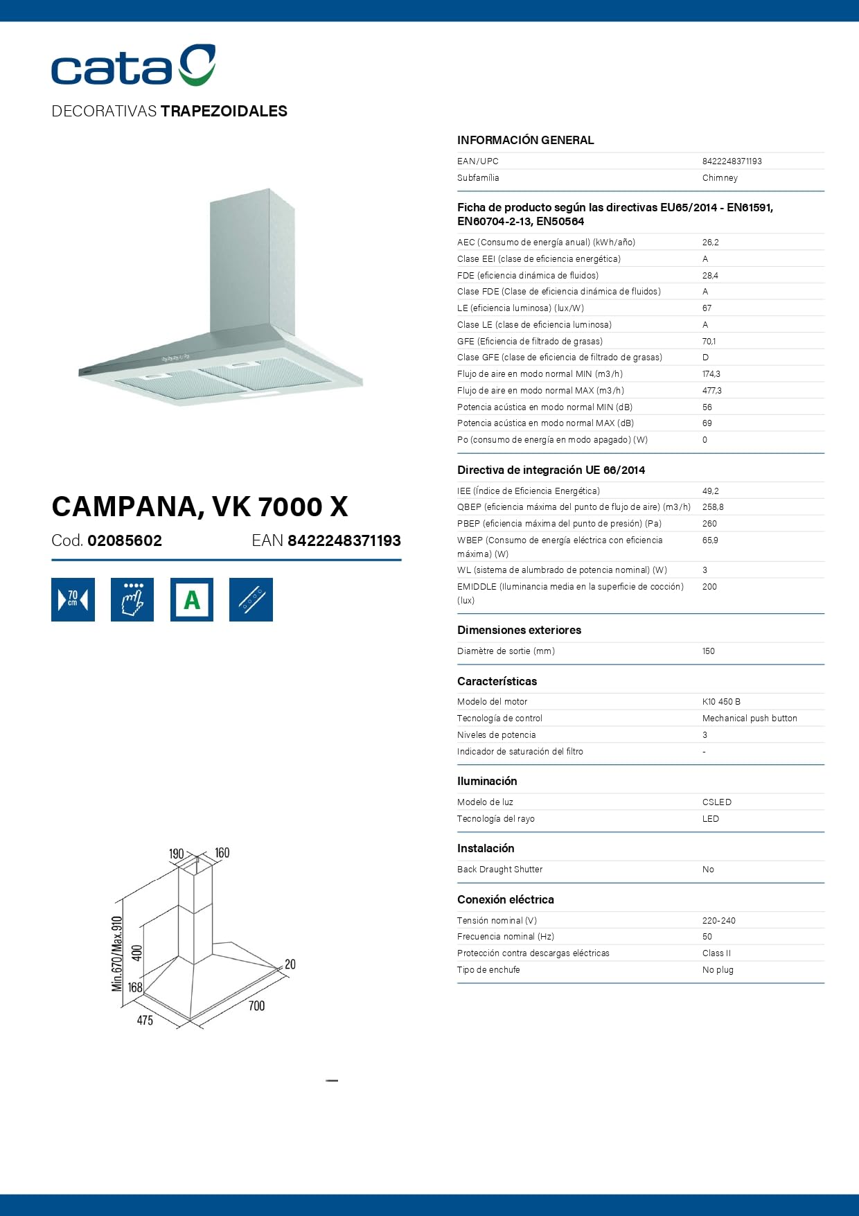 CATA VK 7000 X dekoracyjny okap trapezowy, 70 cm, 477 m³/h, 3 prędkości, sterowanie mechaniczne, oświetlenie LED, klasa A, stal nierdzewna