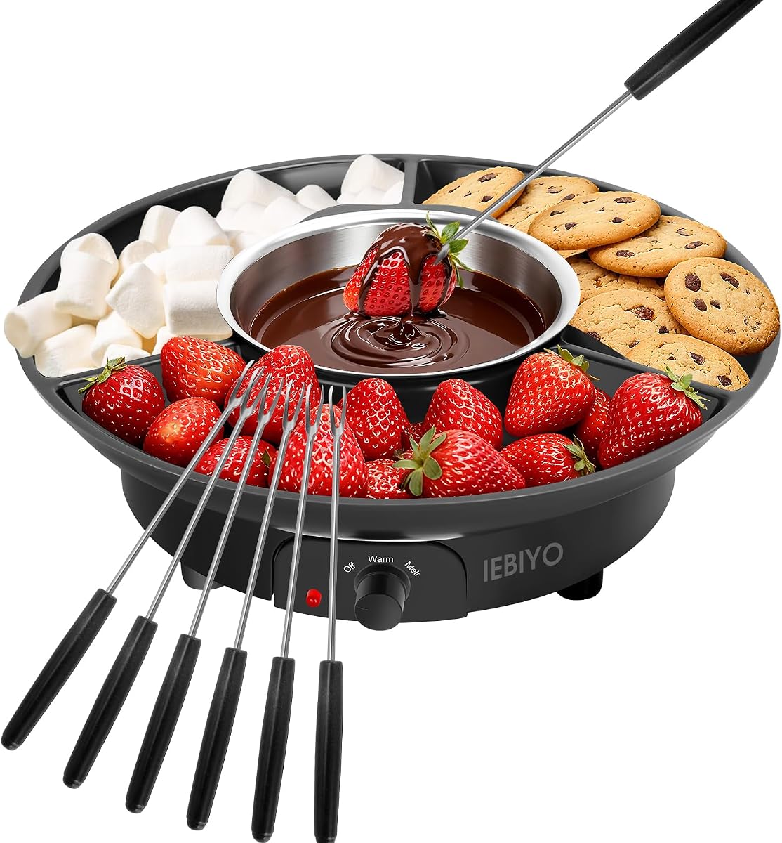 Olla fundidora de chocolate Set de fondue eléctrica de chocolate con 6 tenedores | Bandejas de comida de 3 secciones con 6 tenedores de inmersión perfectos para regalos de fiesta de Navidad para calentar la casa de chocolate (negro)
