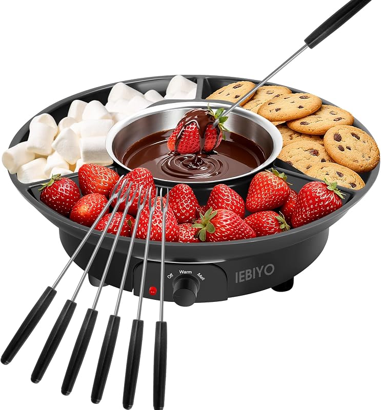 Olla fundidora de chocolate Set de fondue eléctrica de chocolate con 6 tenedores | Bandejas de comida de 3 secciones con 6 tenedores de inmersión perfectos para regalos de fiesta de Navidad para calentar la casa de chocolate (negro)