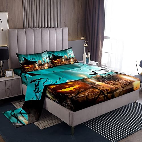 Erosebridal Juego de ropa de cama de calabaza con temática de Halloween, sábana bajera con sombrero mágico, sábanas de cama con vela, cuervo ligero,