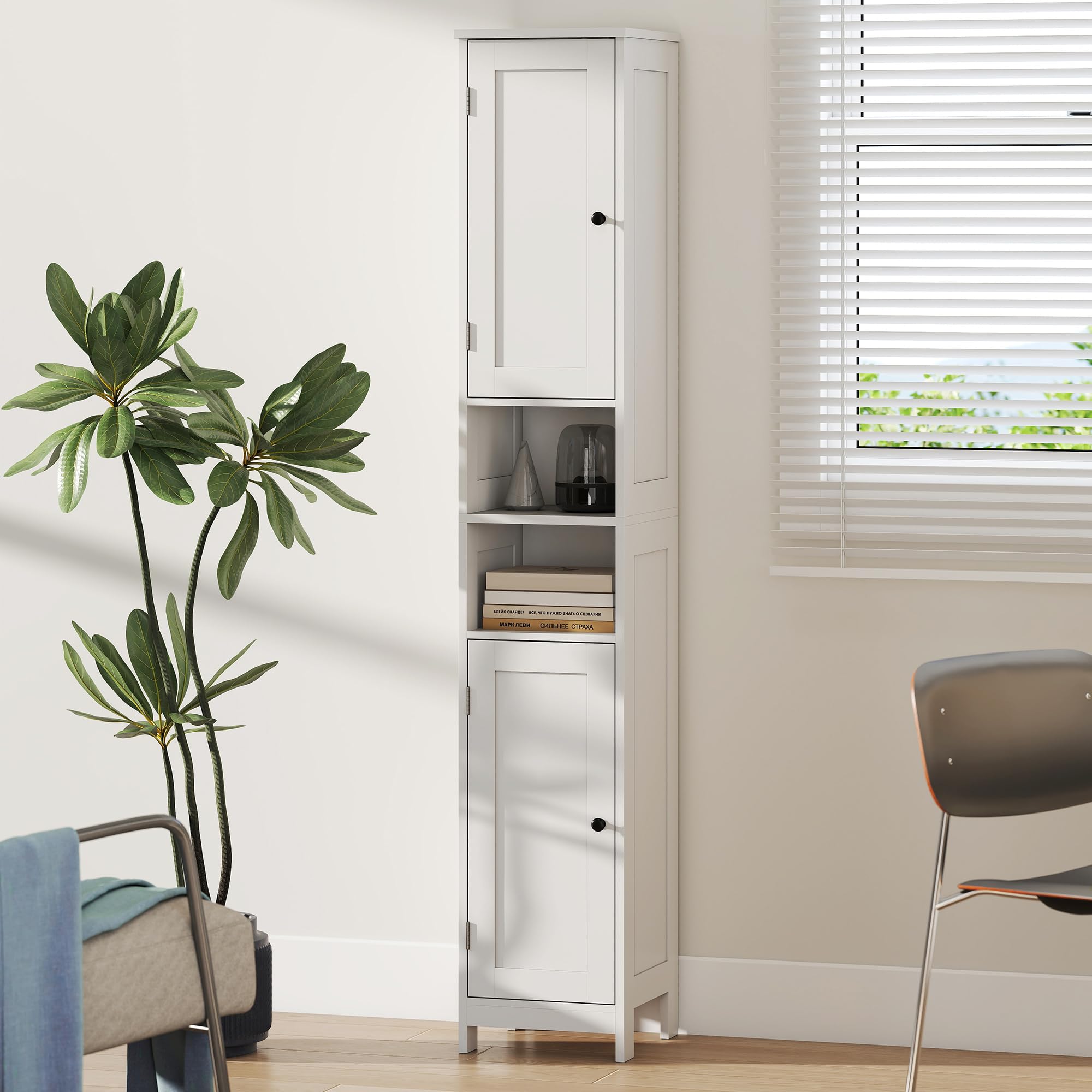 HOMCOM Mobile Bagno a Colonna con 2 Armadietti e 2 Ripiani Aperti Mobiletto Bagno Salvaspazio con Ripiani Regolabili per Soggiorno Sala da Pranzo 30x30x170 cm Bianco
