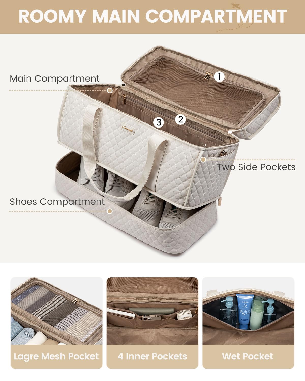 Bolsa de viaje grande, bolsas de fin de semana para mujeres con compartimento para zapatos, bolsa de hospital durante la noche para mujeres parto de trabajo, bolsa de transporte para 4