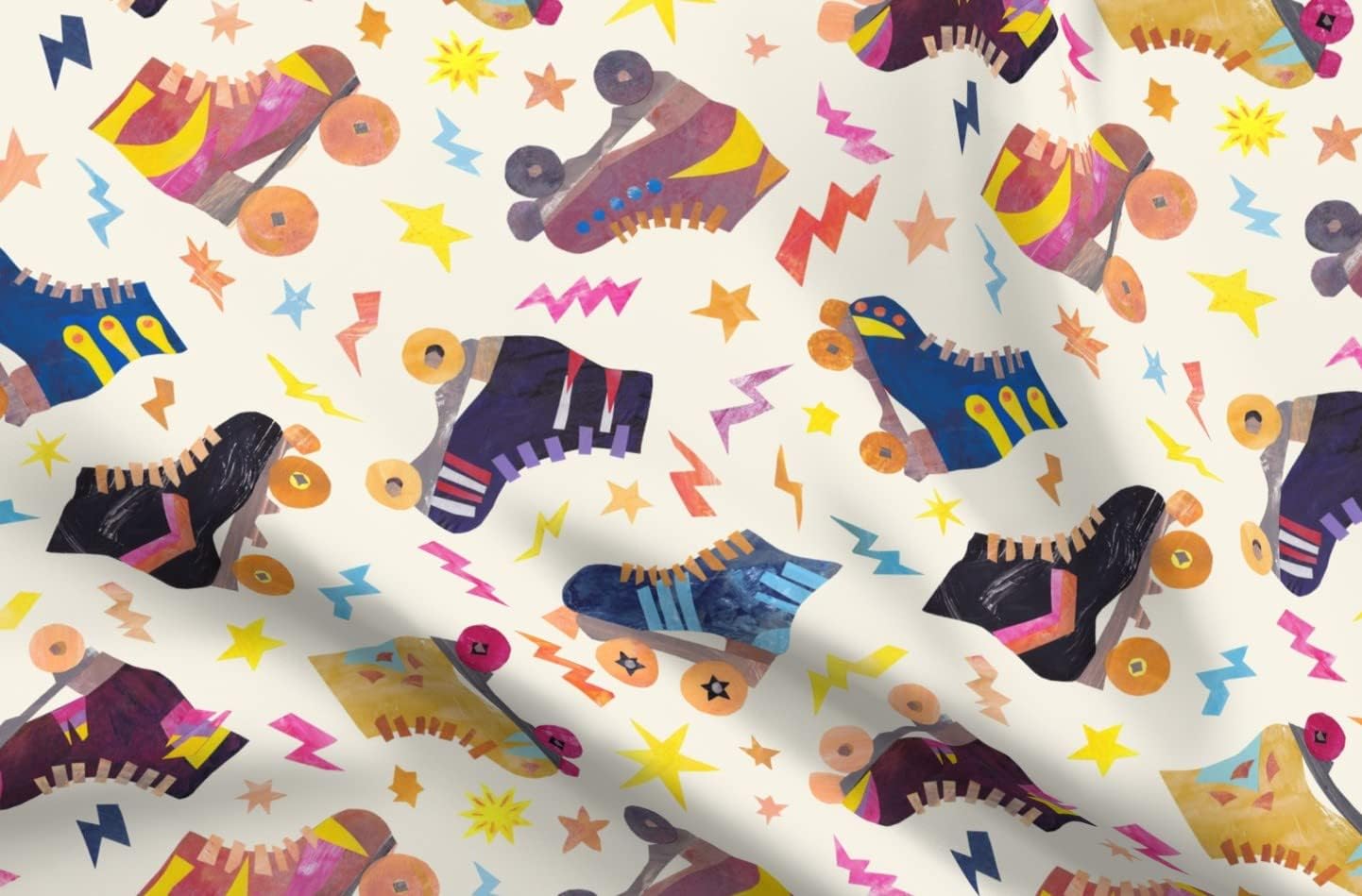 Spoonflower Fabric - 70S 80S Collage Roller Skates Vintage Retro Eighties Printed on Organic Cotton Sateen Fabric by The Yard - Sewing Quilting Apparel Home Decor