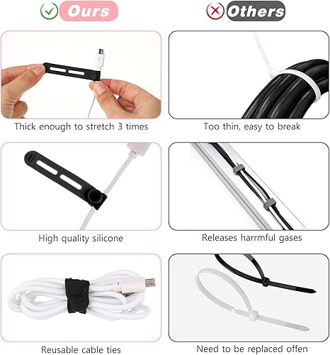 Miniatura 3 de Sujetacables reutilizables, 20 correas de cable multifuncionales de silicona ajustables, organizador de cables para cables de carga, auriculares,