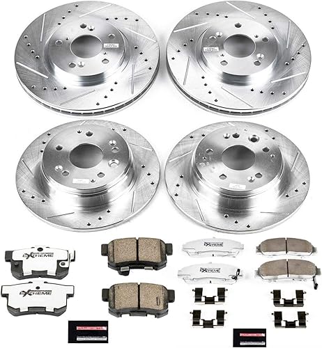 Miniatura 8 de Power Stop K2295-26 Pastillas de freno de fibra de carbono Z26 delanteras y traseras con kit de rotores de freno perforados y ranurados para Acura