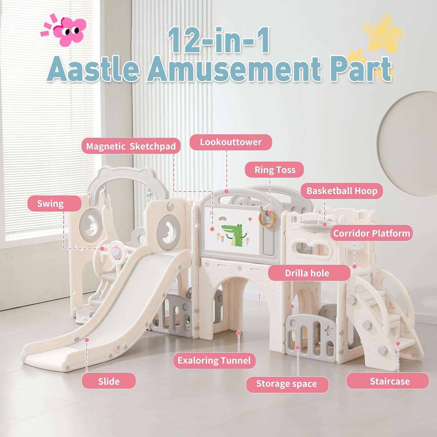 Outdoor Playsets for Toddler 1-3 Years Swing Set with Slide, 12 in 1 Toddlers Indoor Playground for Kids, Durable Ecofriendly Climber Tunnel Crawl for Backyard