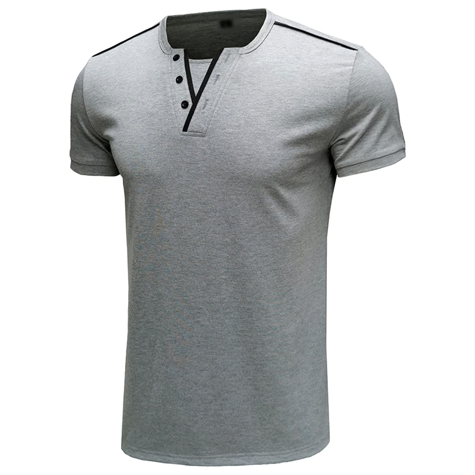 JEsilunmaMY Mens V Neck Muscle Henley T-Shirt Button Neck Short Sleeve Bodybuilding Gym Tee Solid Color Athletic Henley Shirt (Grey,Medium)
