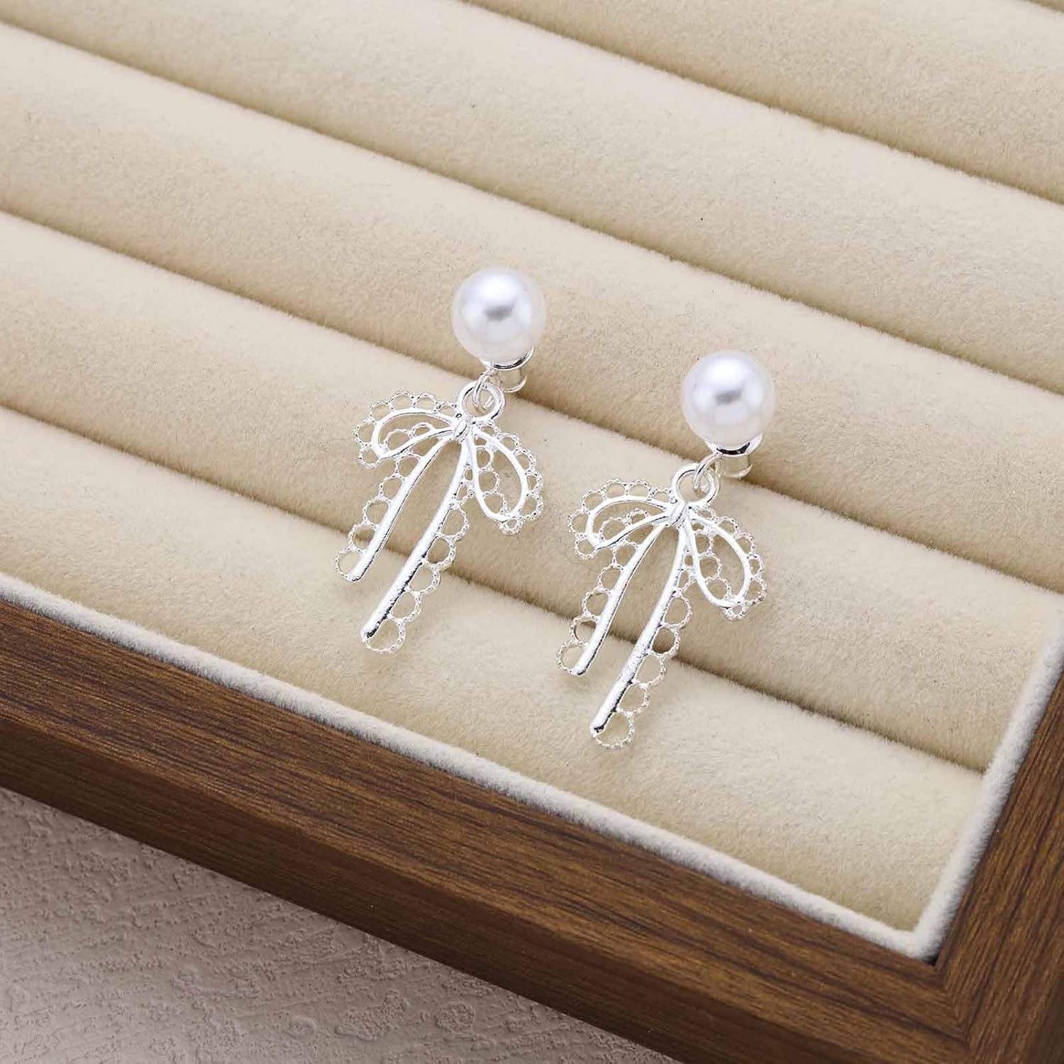 Vintage Hollow Bow Dangle Earrings Boho Pearl Ear Jacket Earrings Open Bow Floating Pearl Stud Silver Bowknot Drop Jewelry for Women - Image 3