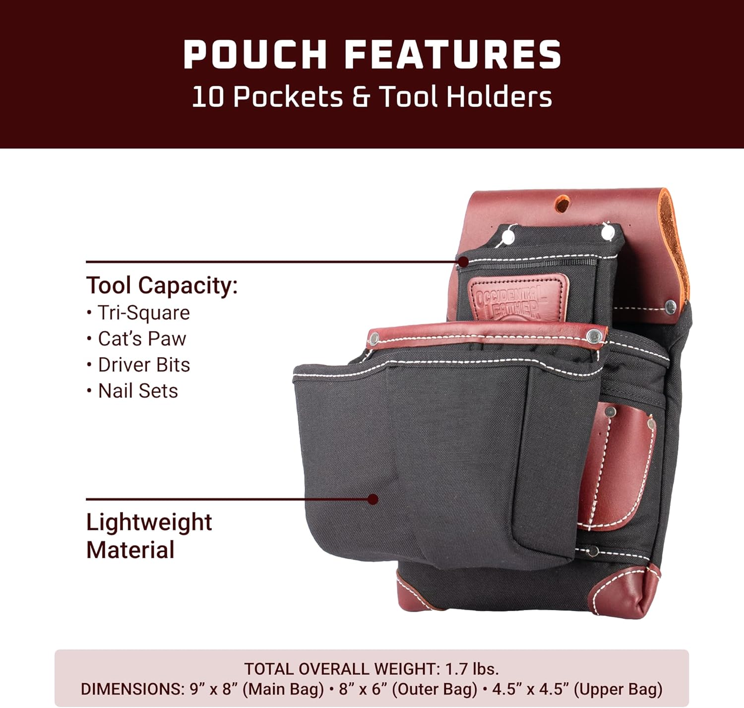 Occidental Leather OxyLights Fastener Bag with Double Outer Bag - Black, Right Hand - 10 Pockets & Tool Holders - Made in USA