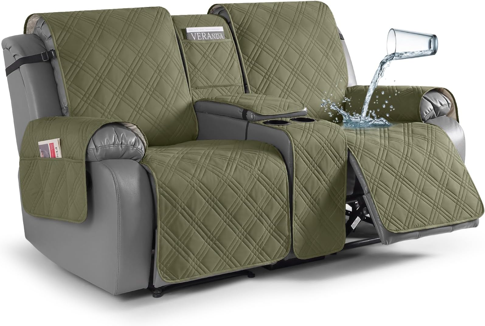 TAOCOCO Loveseat Recliner Cover with Center Console, 100% Waterproof Pet Cover for Dual Recliner with Straps Design, Split Reclining Loveseat Covers Furniture Pet&Kids Protector (2 Seater, Green)