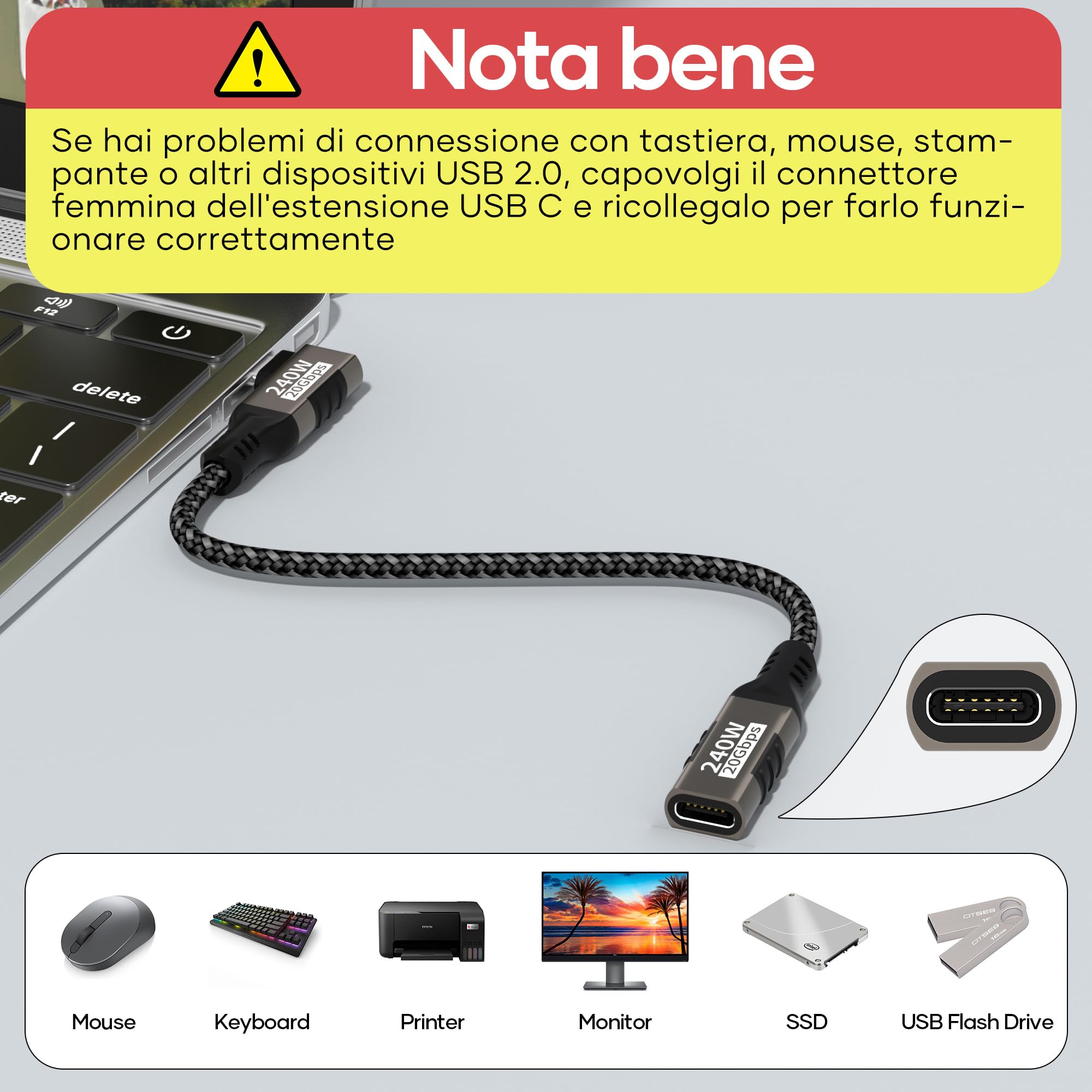 Cavo Prolunga USB C 3.2: 20Gbps, 240W, Video 5K - 0,2m Tipo Maschio-Femmina Per IPhone 15/16, MacBook, IPad Pro - 3