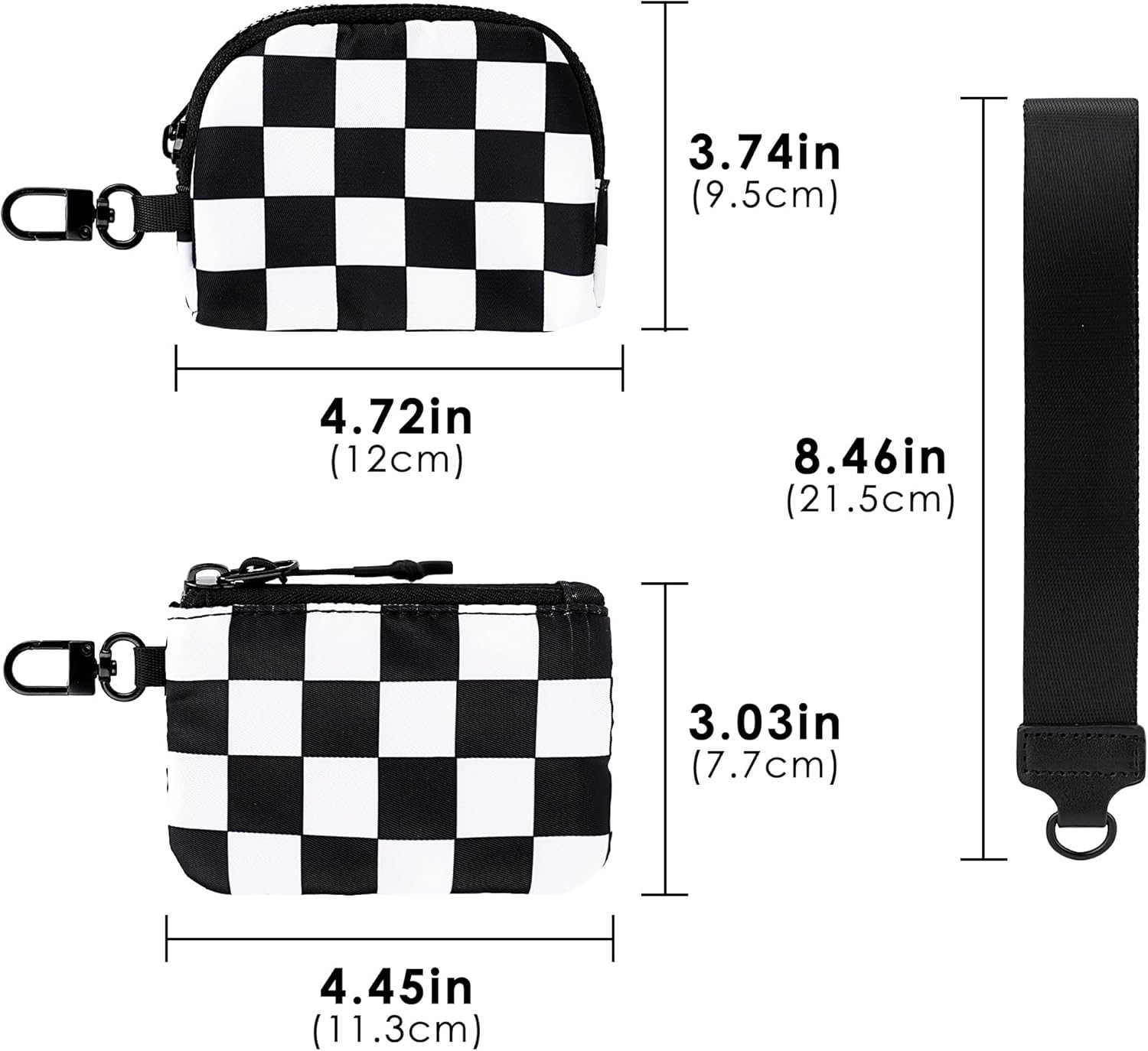 Wrist Keychain Mini Wallet for Women, Checkered Zip Around Wristlet Wallet, Detachable Dual Coin Purse, Black and White Plaid - Image 3