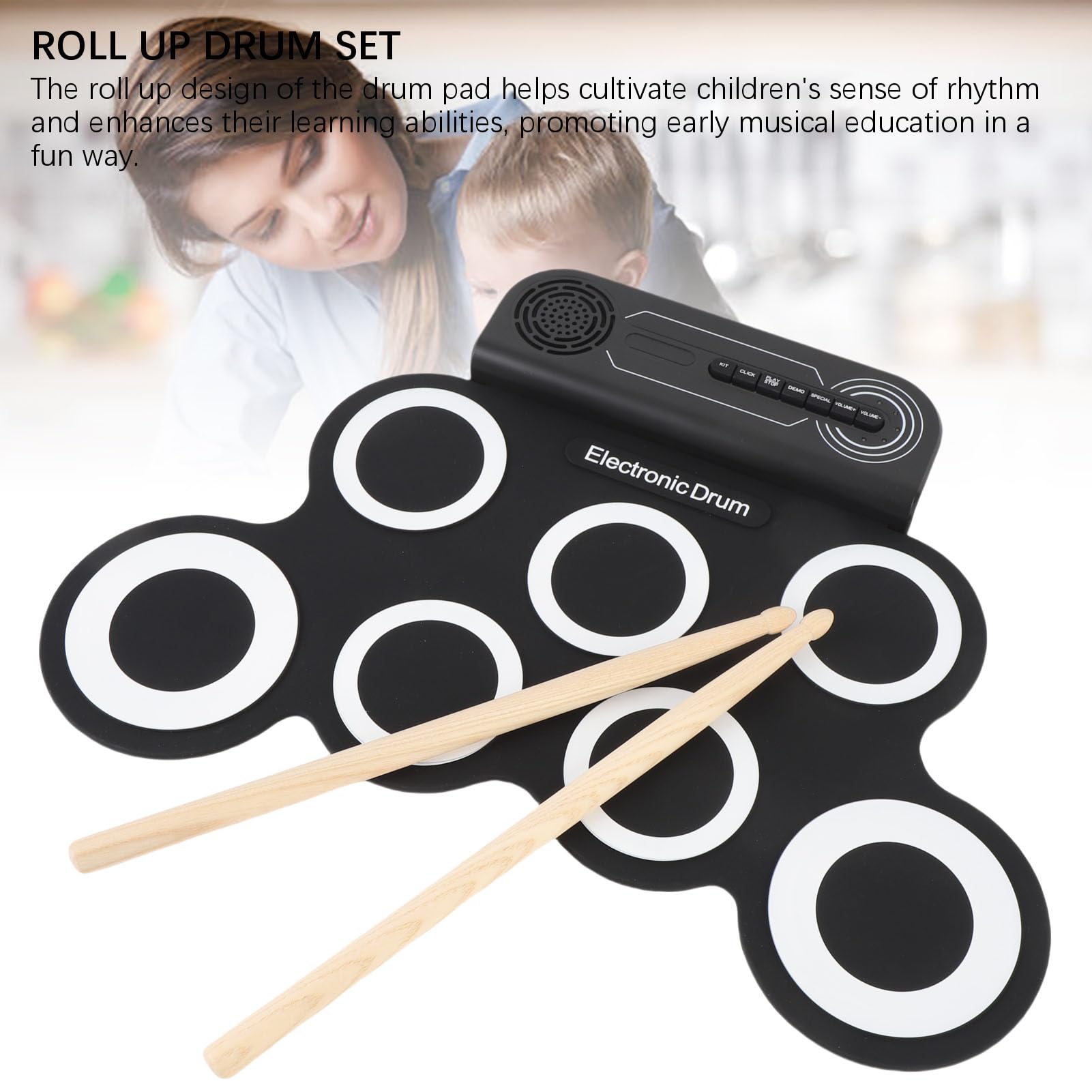 aqxreight Almohadilla de Práctica Electrónica con Efectos de Sonido Incorporados, Silicona con Baquetas de Madera para Niños, el Tambor Es para una Almohadilla Electrónica Segura, de Práctica,