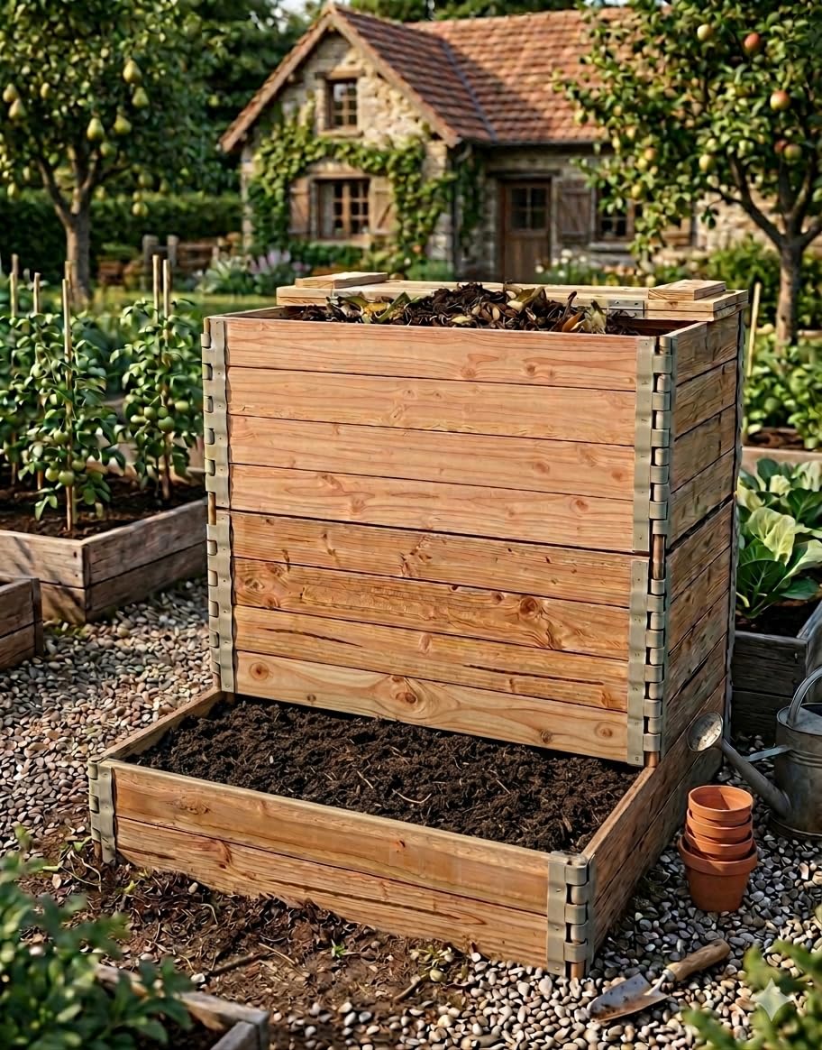 Composteur en Bois 500L en Douglas Naturel avec Couvercle