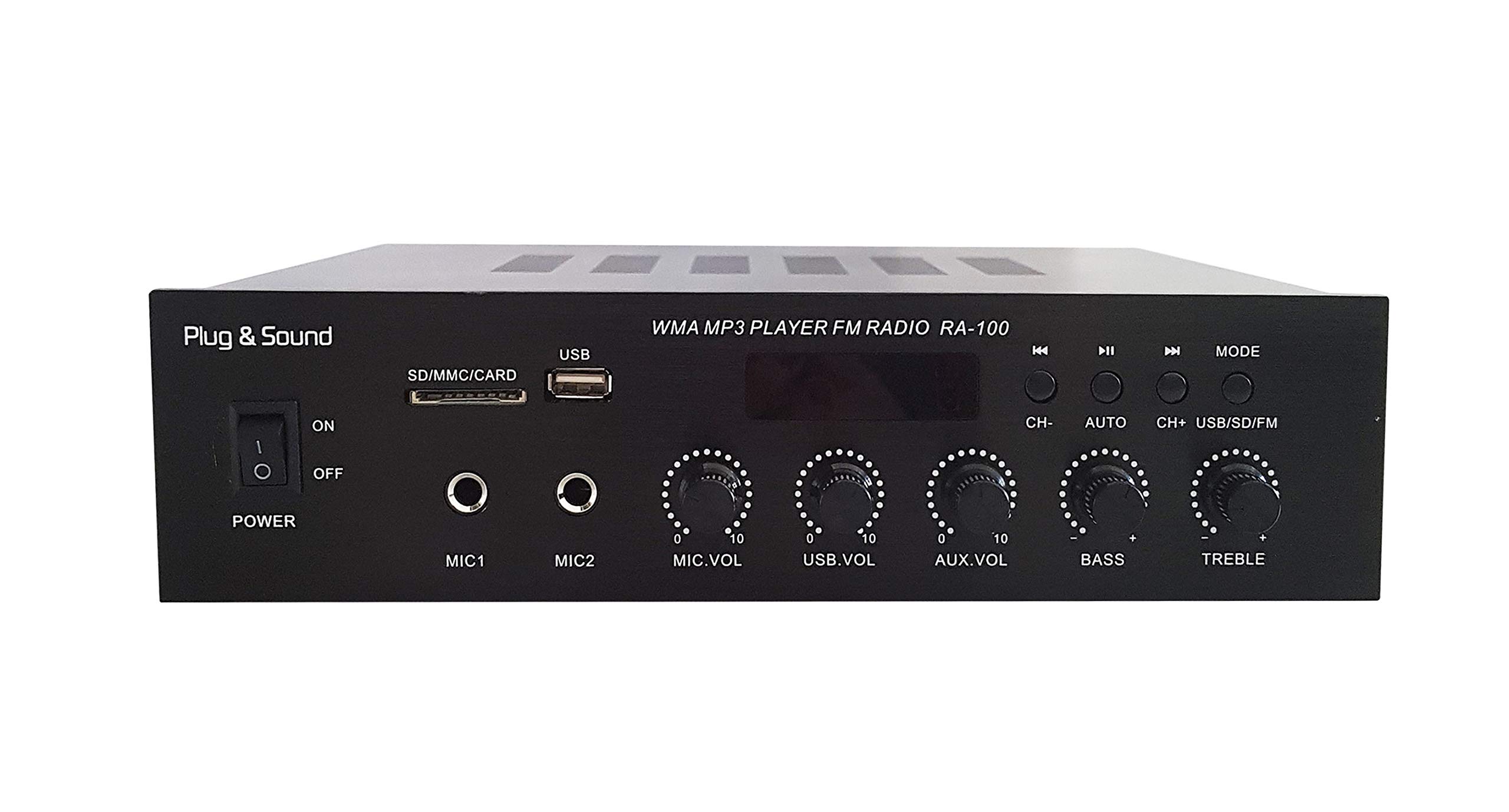 Amplificatore Mono PA RA-100 70W con Radio, USB/SD e Bluetooth – Ingressi RCA e Microfono – Regolazione Tono e Uscita 110V per Casse Acustiche