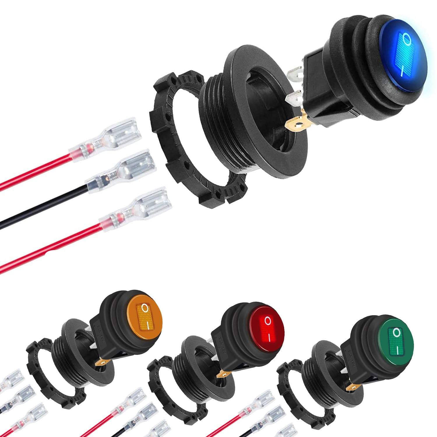 RUNCCI-YUN 4 Pcs Car Rocker Switch 12 V, Round Waterproof LED Toggle Switch SPST 3 Pins 2 Positions 12 V/24 V-10A with Pre-Wires Housing Red/Yellow/Green/Blue