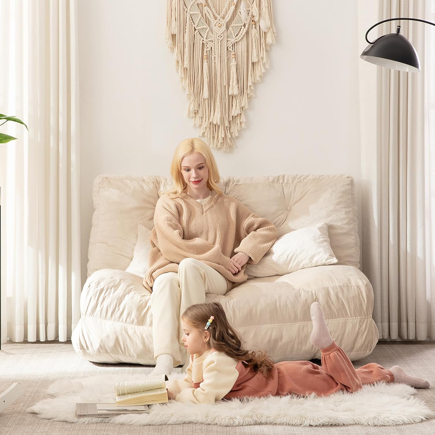 Floor Couch,Floor Couch for Adults, Tri-Folding Bean Bag Bed with Velvet Fabric for Bedroom, Living Room,Beige, 80x54In