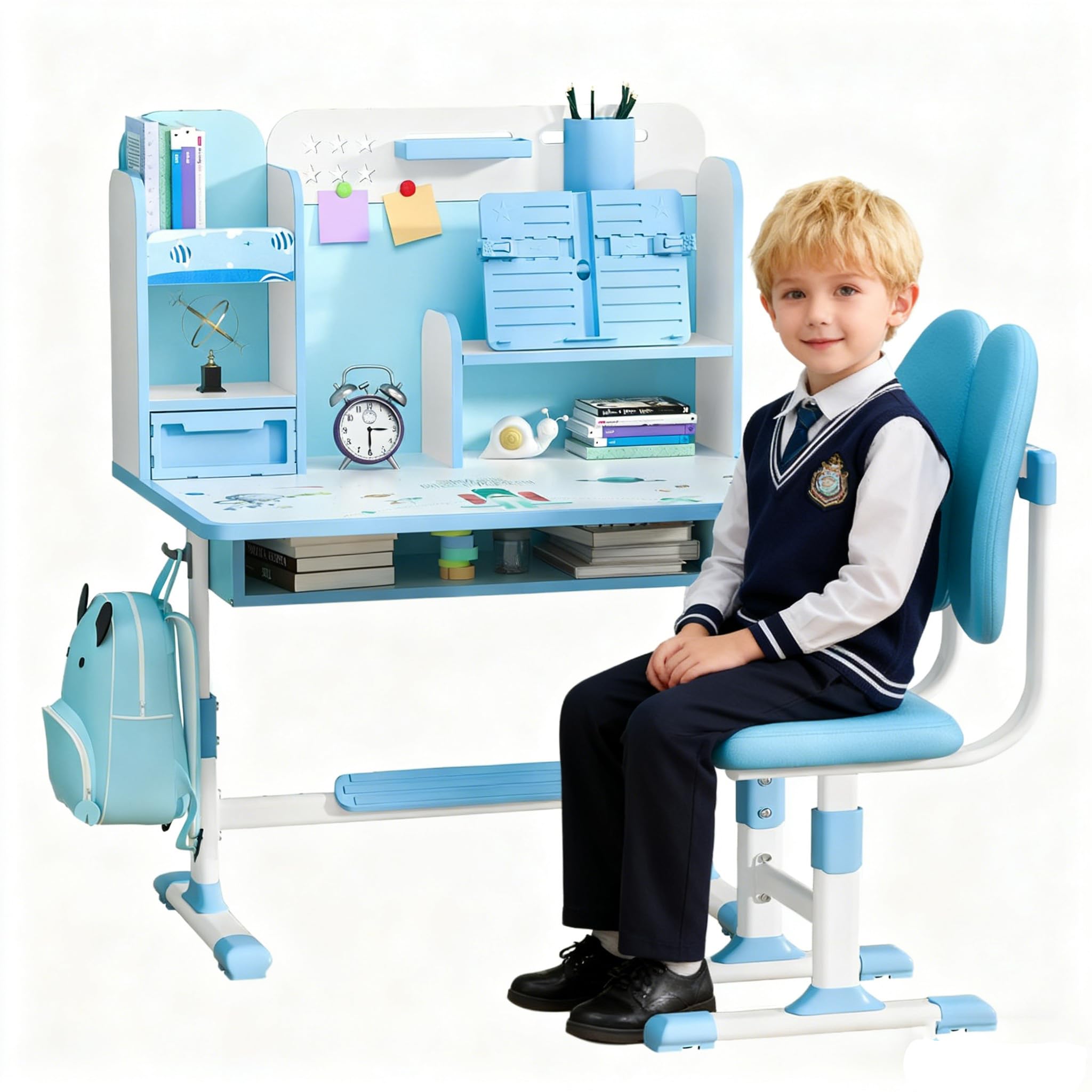 Höhenverstellbarer Kinderschreibtisch und Stuhl Set ab 3 Jahren, Schreibtisch Kinder mit Schublade und Bücherregalen, Kinder Schreibtisch für Hausaufgaben, Malen und Bastelarbeiten (Blau 6)