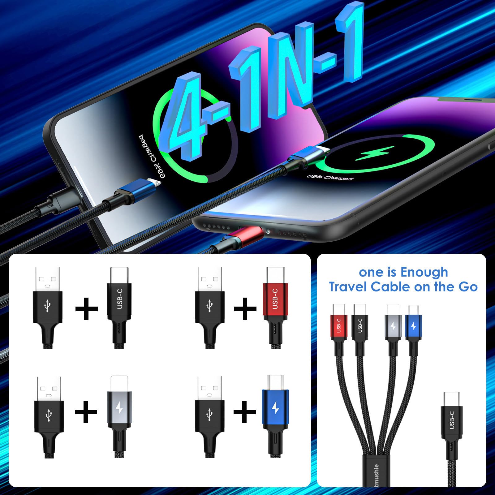 Cable de carga múltiple 4 en 1, 6.5 pies, paquete de 2 – Conectores múltiples USB-C y micro USB – Cable de carga para Android, iPhone 15/16, portátiles, tabletas y más (paquete de 2 USB-A