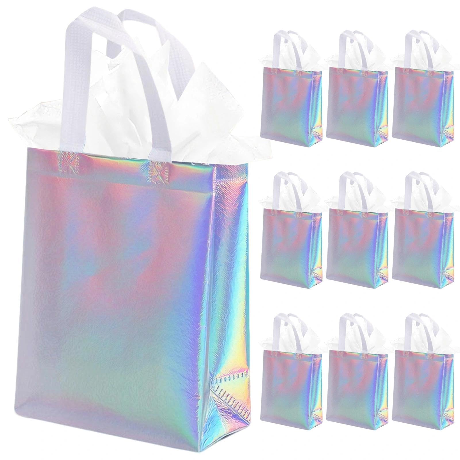 10 Pcs Glossy Iridescent Gift Bags, Luxury Birthday Bag with White Tissue Paper, Holographic Party Favor Bags with Handle for Birthday Wedding Christmas Holiday Celebration