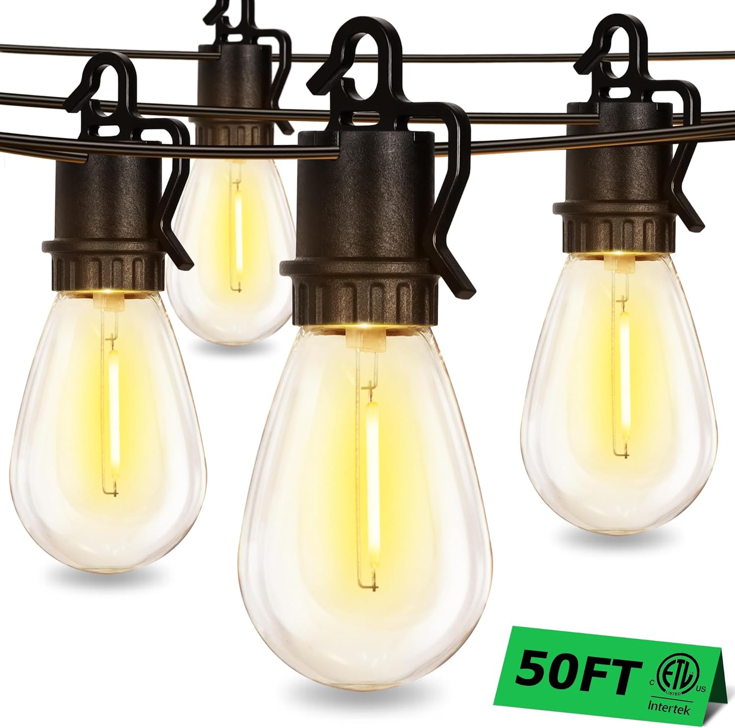 Size 50FT Outdoor String Lights with 25 Shatterproof S14 Vintage Edison Bulbs E12 Sockets,2700K Dimmable Outdoor Lights,IP55 Waterproof LED String Lights for Outside, Patio, Garden, Backyard,Bistro