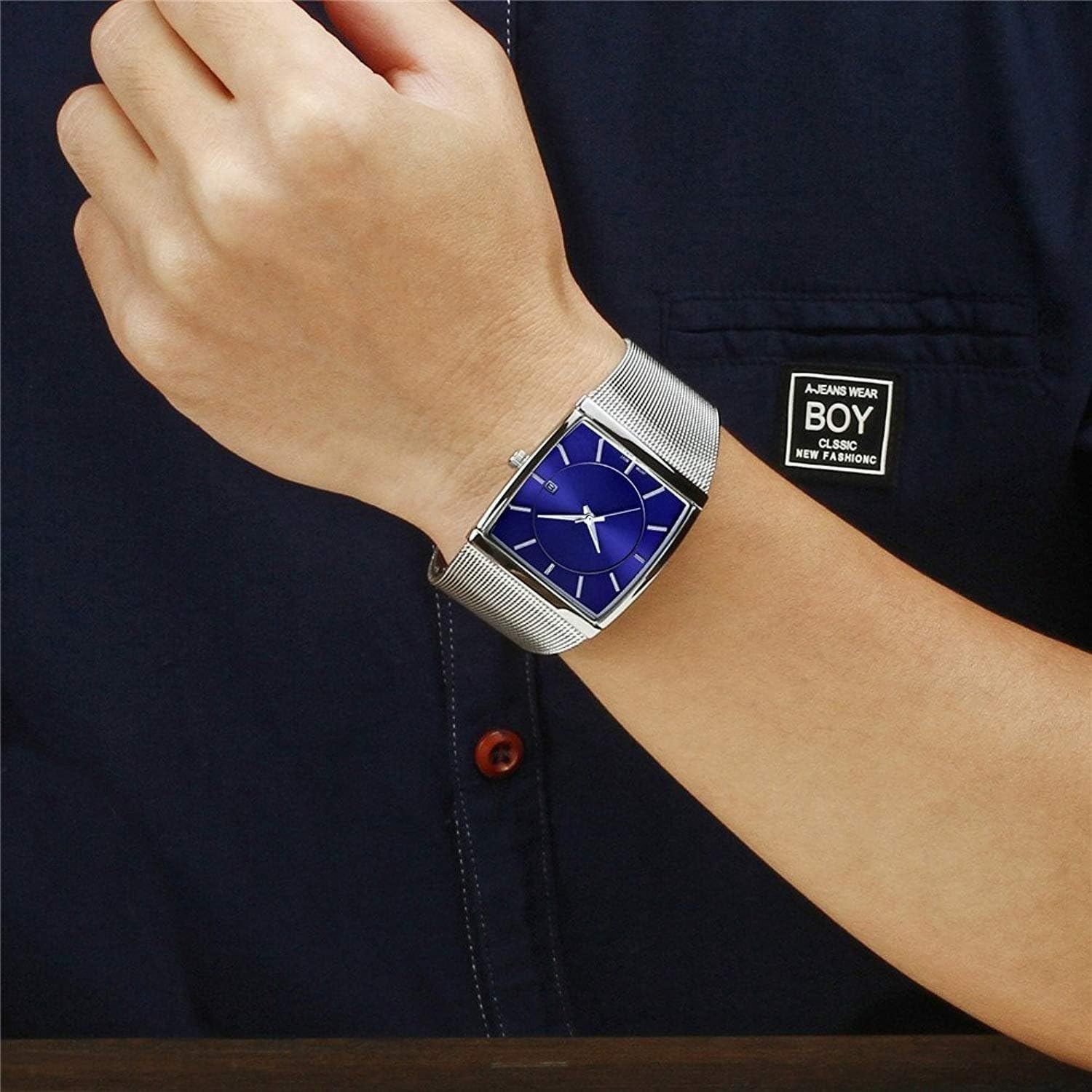 Einfache rechteckige Analoguhr für Herren, ultradünnes Edelstahl-Mesh-Armband, minimalistischer Stil, Armbanduhr, Geschenkbox