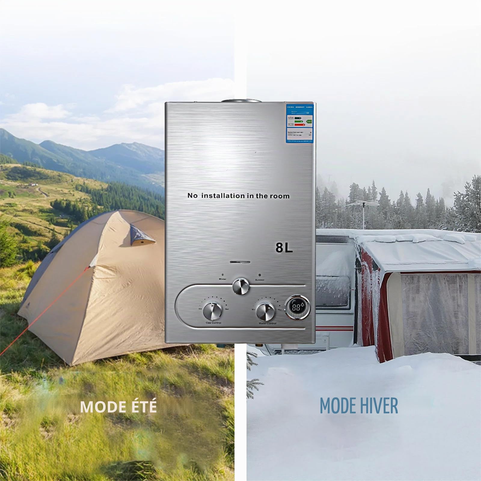 Chauffe-eau à gaz 6 l, chauffe-eau butane, 6 l/min, écran LED compatible avec butane et propane, chauffe-eau instantané pour usage domestique et camping (Gris 6L)