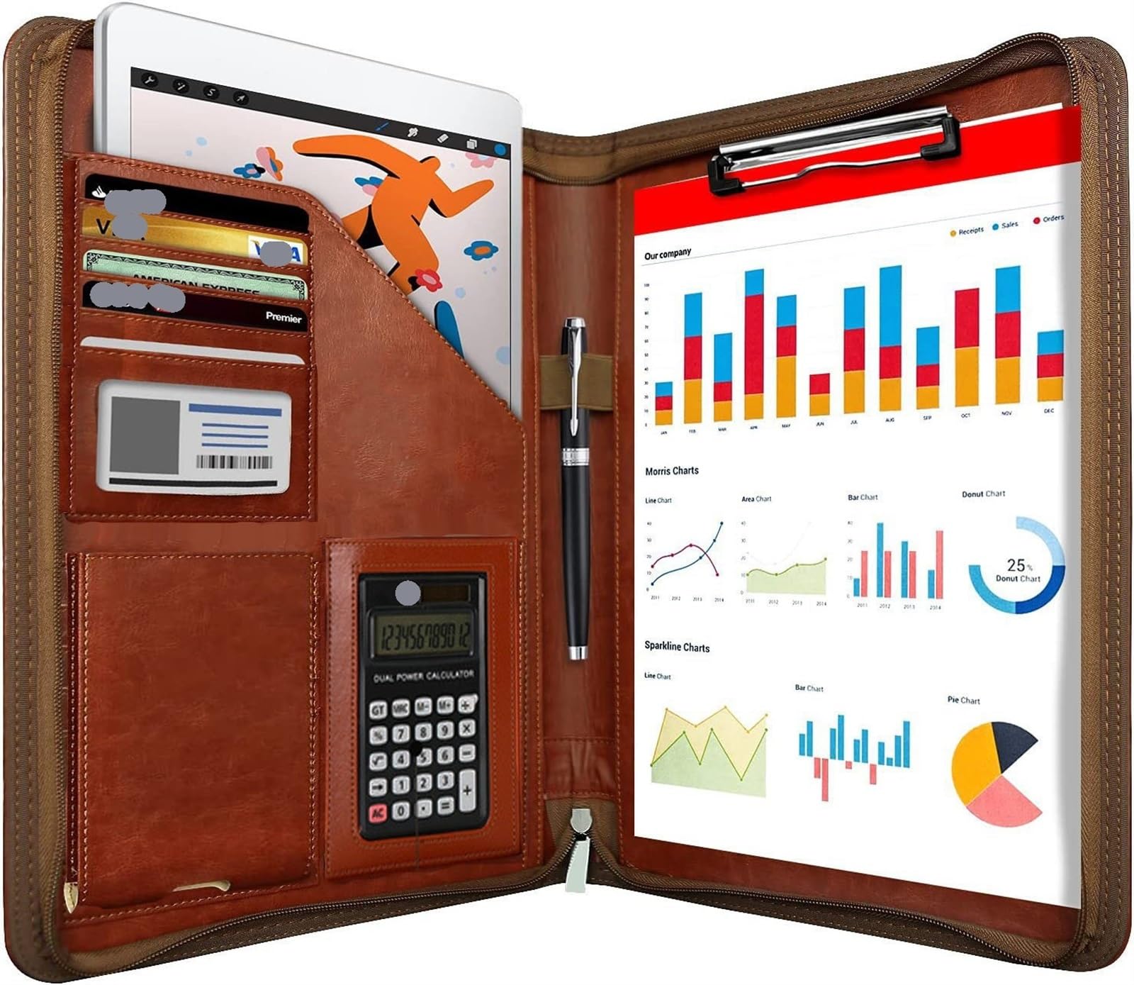 Cartella portadocumenti A4 multifunzionale for ufficio, cancelleria, cartelle for conferenze, cartelle for contratti, organizer con cerniera, porta biglietti da visita Cartella Aziendale(Black)