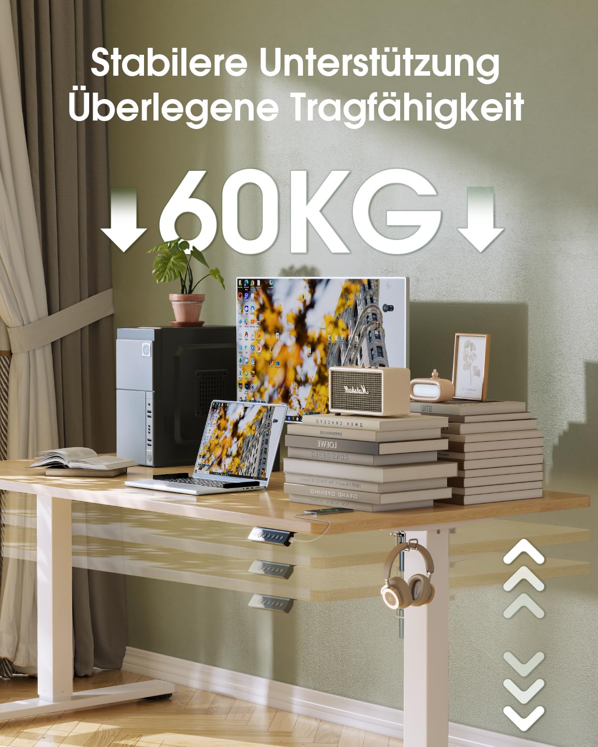 Flamaker Höhenverstellbarer Schreibtisch Ganze Tischplatte 110 x 53 cm, Schreibtisch Höhenverstellbar Elektrisch mit Memory Steuerung, Gaming Tisch mit Sitzende Erinnerung und USB-Aufladung (Beige)