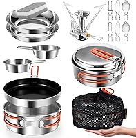 Vista 1 de Odoland 10pcs Stainless Steel Camping Cookware Camping Pot and Pan Set with Portable Camping Stove Camping Mess Kit with Plates Bowls Forks Knives