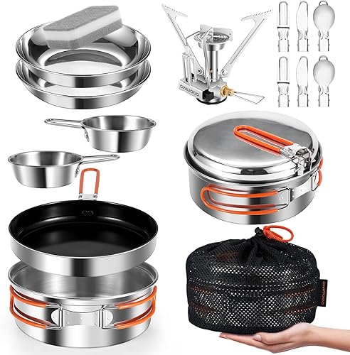 Odoland 10pcs Stainless Steel Camping Cookware Camping Pot and Pan Set with Portable Camping Stove Camping Mess Kit with Plates Bowls Forks Knives