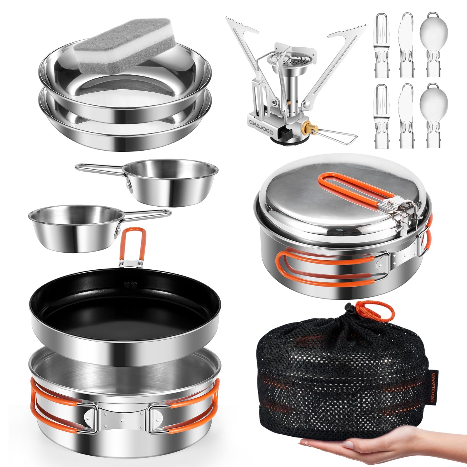 Odoland Pentola da campeggio in acciaio inox antiaderente, pentola da campeggio pieghevole e impilabile, set di bollitori per campeggio e picnic