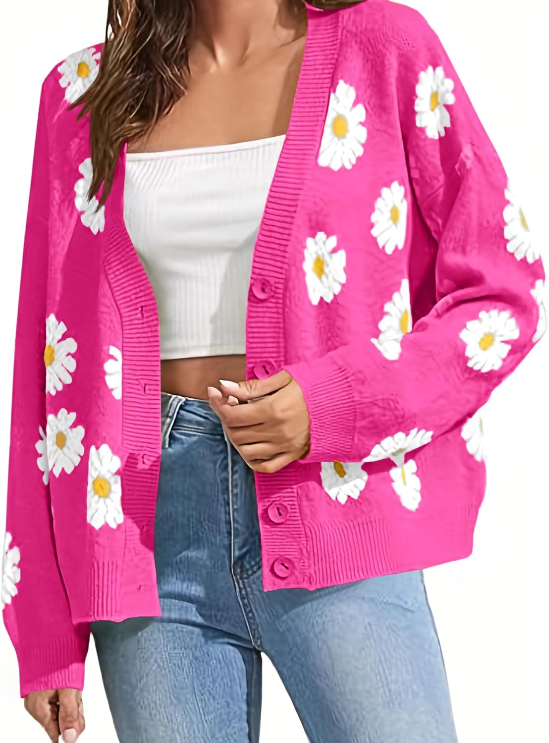 Women's Floral Print Cardigan Long Sleeve Open Front Button Down V Neck Knitted Sweaters