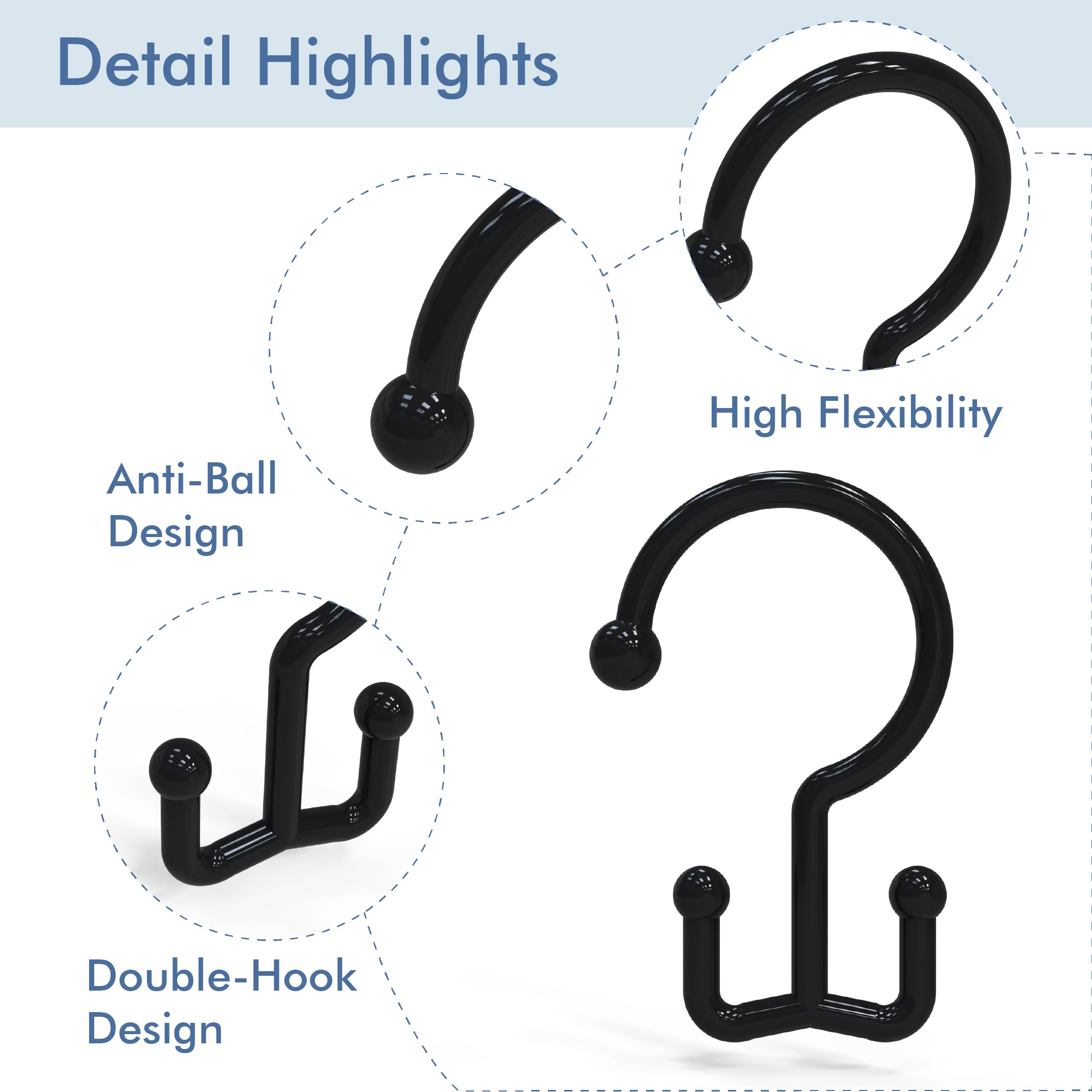 Bathway Plastic Double Shower Curtain Hooks,12Pcs Bathroom Shower Curtain Hooks, Smooth Sliding, Easy to Use, Multi-Functional Rings for Shower Curtain, Black - 5