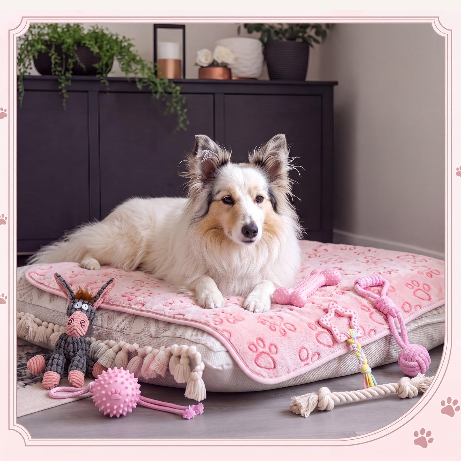 Zopeal 17-teiliges Sommer-Welpen-Geschenk-Set, Hundespielzeug und Essentials-Set mit Kauspielzeug, Kotbeutelspender, Fellpflegebürste, Trainingsglocke, Decke und Seilkorb (Rosa, Esel)