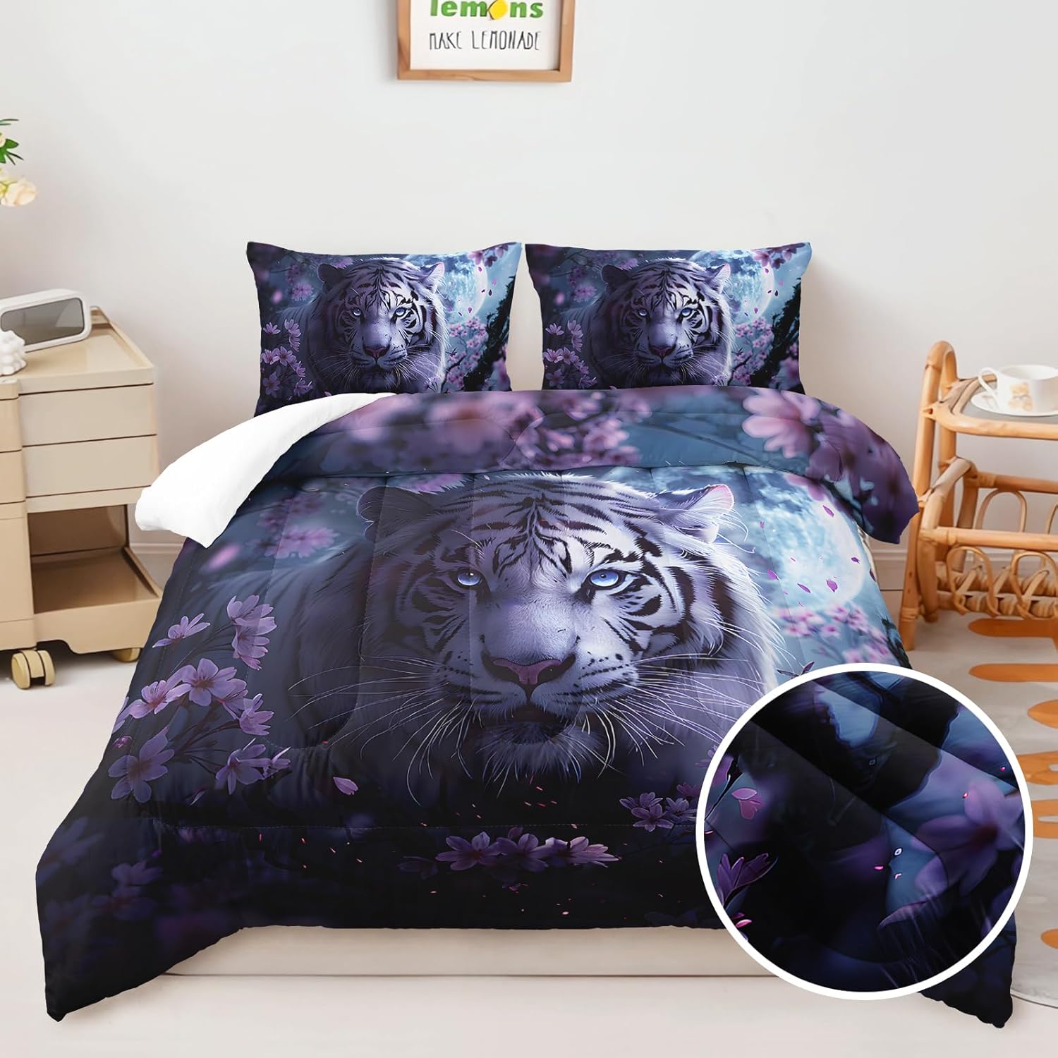 AILONEN 3D White Tiger Full Size Comforter Set - Moon Night Wild Animal Bedding Set for Girls - Romantic Pink Floral Tiger Duvet with 2 Pillowcases - 3Pcs