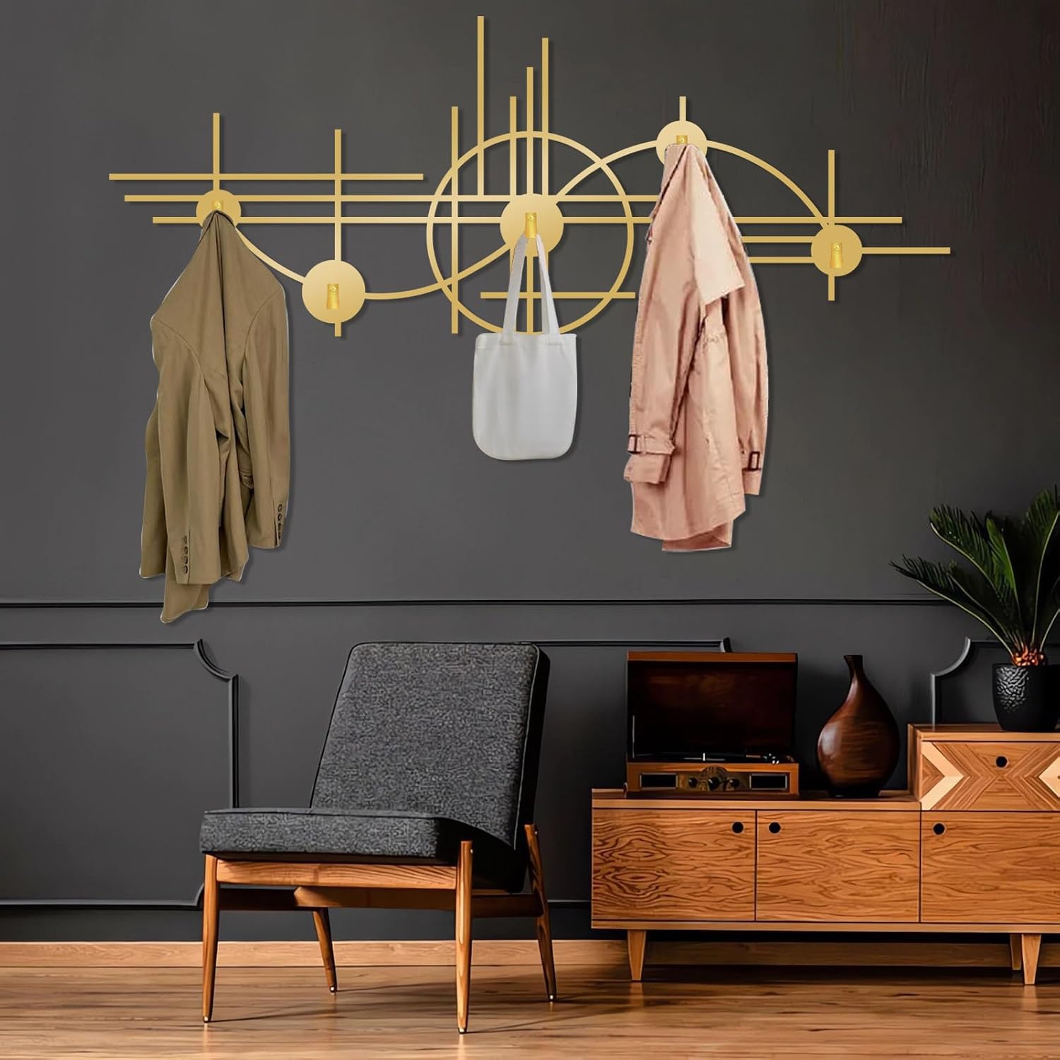 Geometric Circle Coat Rack, Metal Luxury Wall Mount, Modern Hat Rack Wall Hanging, Minimalist Coat Rack Wall Mount, Living Room Decor, Entryway Decor (Black, 15"x30"|37x76cm)