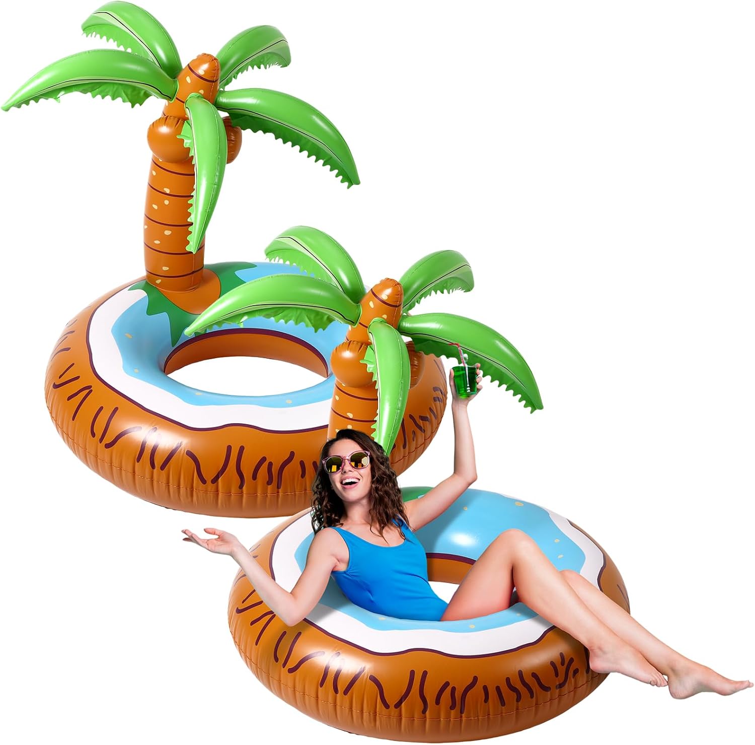 2 Pcs Inflatable Palm Tree Pool Float 48 Inch Giant Coconut Pool Floaties Hawaiian Tropical Funny for Adults Large Summer Beach Party Accessories