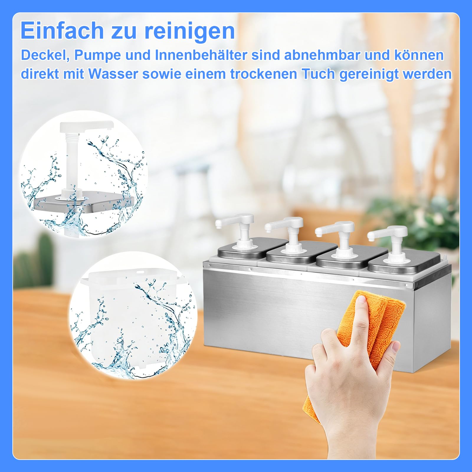 8L Ketchup Spender, Saucenspender mit 4 Pumpen, 8 Etiketten, Abnehmbar, Edelstahl-Gewürzpumpstation Küchensoßenspender, Salat Marmeladen Gewürz Gewürz Quetschpumpenbehälter für Küche und Restaurant