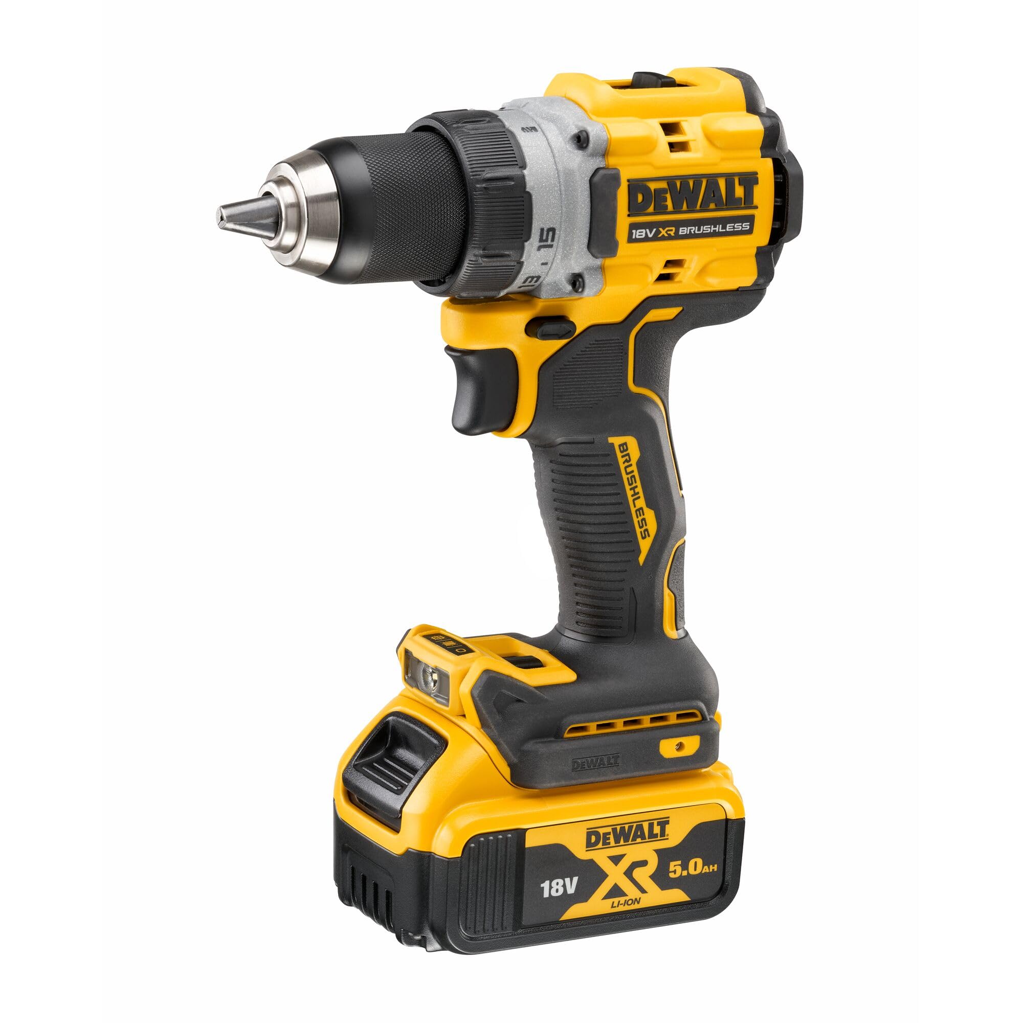 DEWALT DCD800P2T-QW - Taladro atornillador 18V, 2 velocidades, Motor sin escobillas, Portabrocas rápido de 13 mm, Luz LED, Incl. 2 baterías de 5,0 Ah, cargador y caja TSTAK