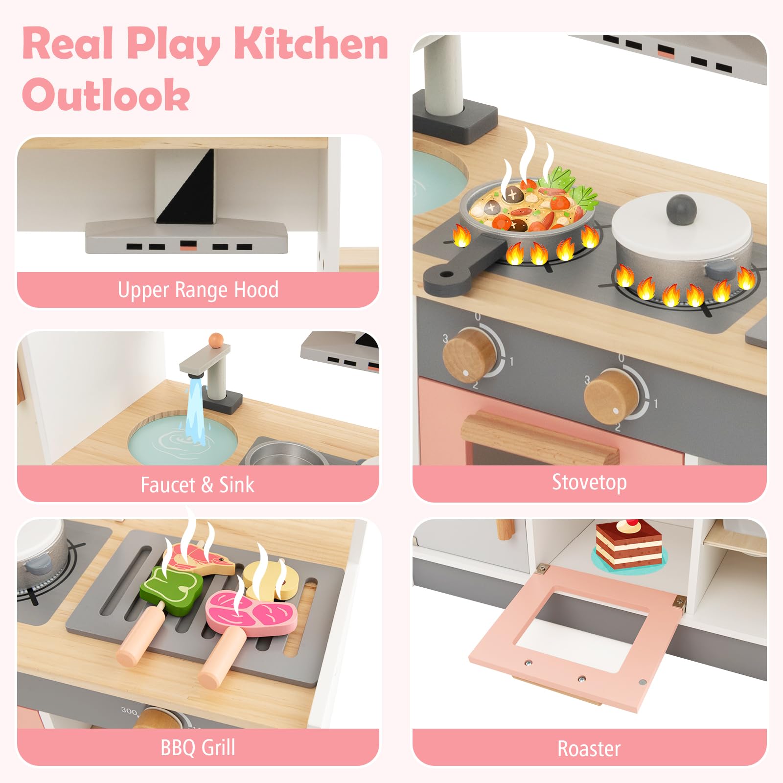 DREAMADE Cuisine Enfant avec Accessoires Abondants, Cuisine en Bois Enfant avec Four, Réfrigérateur, Ustensiles de Cuisine, Jeux d’Imitation pour Enfants 3+ Ans, Cadeau pour Garçons et Filles