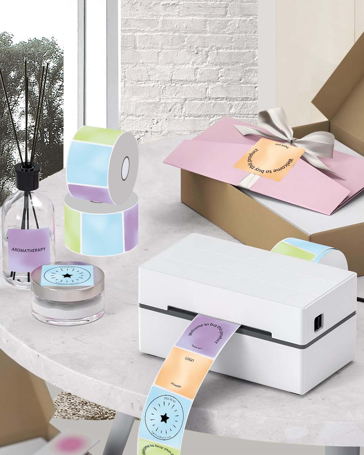 2 2 Inch Square Thermal Labels, Thermal Stickers with Perforation Line, Self-Adhesive Waterproof Personalized Stickers for Small Business, Logo Design, 500 Labels/1 Roll, Colorful - Image 4