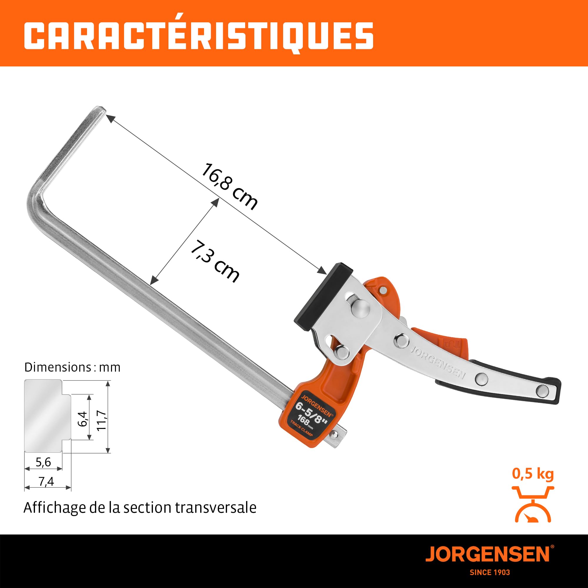 JORGENSEN Lot de 2 Serre-Joints à Cliquet pour Rail de Guidage, Force de Serrage 181 kg, Ouverture 168 mm