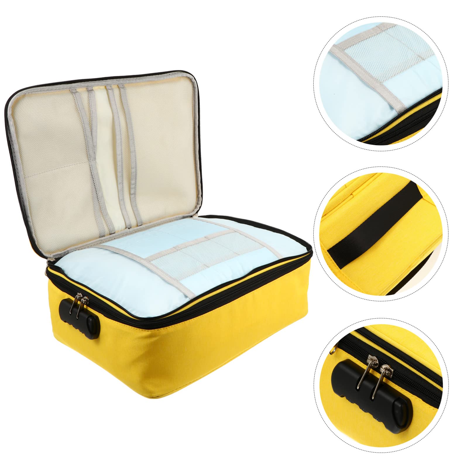 Healvian Pouch Documenti Capiente Multifunzione con Doppia Zip e Lucchetto | Tessuto Cationico Giallo, Tasche Multiple Ordinate, Facile da Sollevare per Viaggio e Carte
